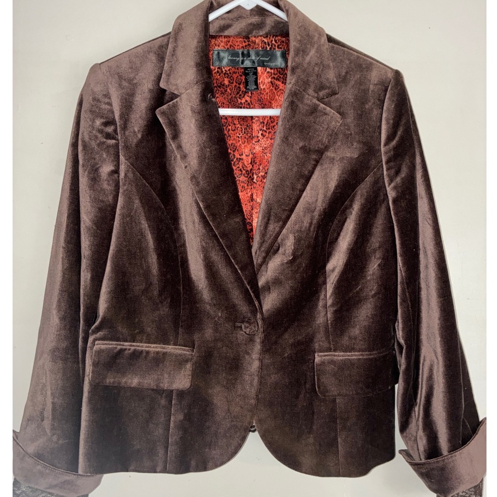 Apostrophe Velvet Blazer Women 12P Brown Lace Trim Leopard Lining Career Jacket